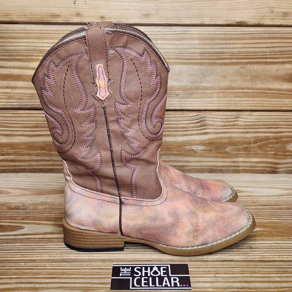 Roper Other - Roper Girls Western Boots Brown Pink Glitter Mid Calf Pull On Square Toe 3